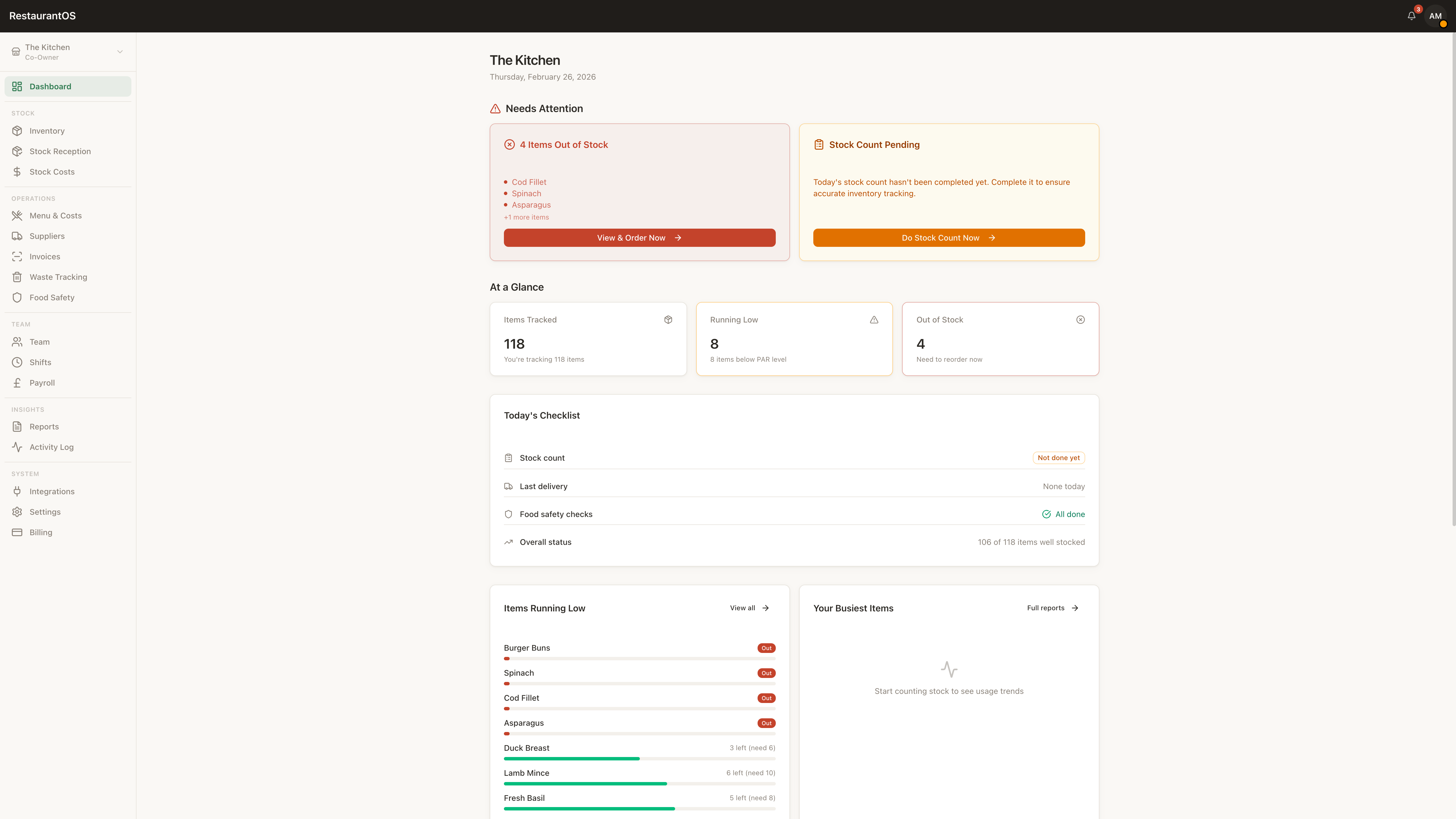 Restaurant Inventory Dashboard — inventory tracking, stock alerts, and daily checklists
